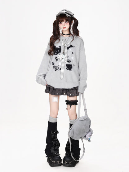 CRAZYGIRL Crazygirl Cat Striped Tie Crewneck Loose Knit Faux Mink Women&