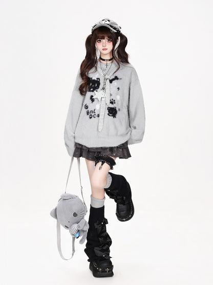 CRAZYGIRL Crazygirl Cat Striped Tie Crewneck Loose Knit Faux Mink Women&
