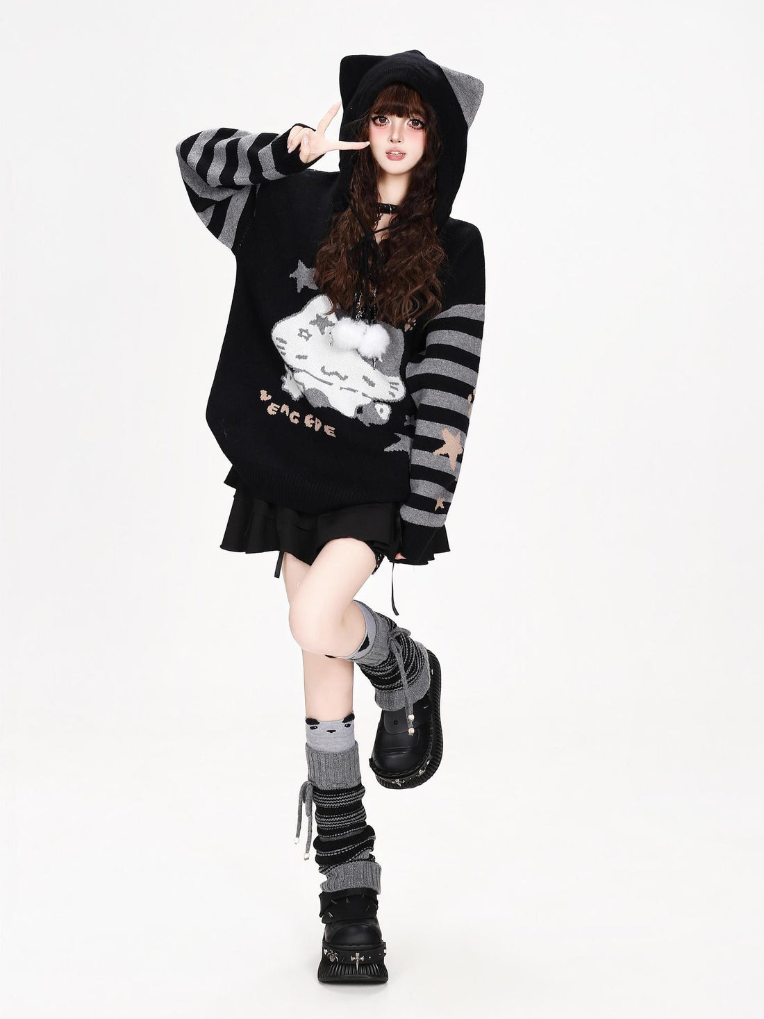 CRAZYGIRL Cute Cat Fish Jacquard Loose Hooded Women&