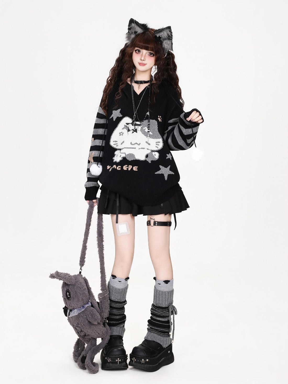 CRAZYGIRL Cute Cat Fish Jacquard Loose Hooded Women&