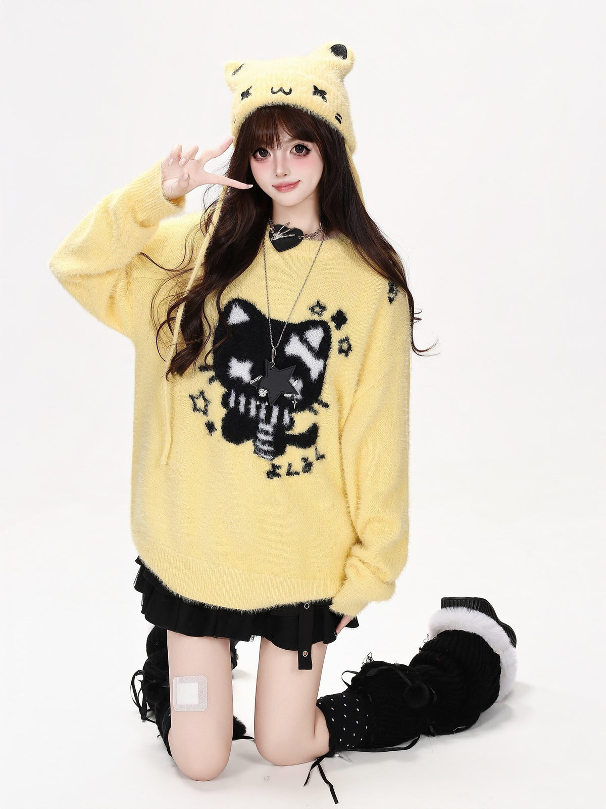 CRAZYGIRL Cute Cat Jacquard Loose Slouchy Knit Pullover Women&