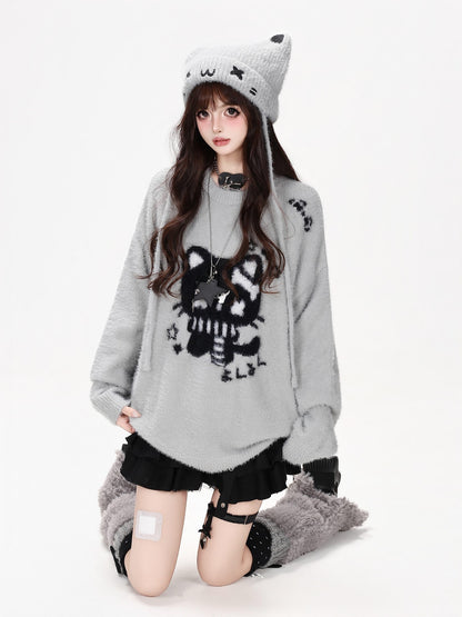 CRAZYGIRL Cute Cat Jacquard Loose Slouchy Knit Pullover Women&