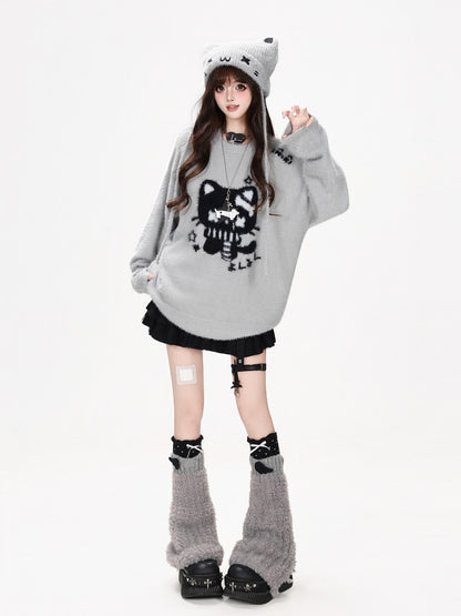 CRAZYGIRL Cute Cat Jacquard Loose Slouchy Knit Pullover Women&