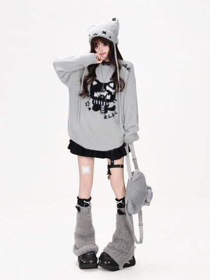 CRAZYGIRL Cute Cat Jacquard Loose Slouchy Knit Pullover Women&
