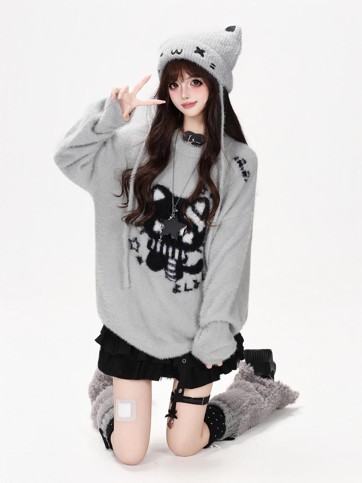CRAZYGIRL Cute Cat Jacquard Loose Slouchy Knit Pullover Women&