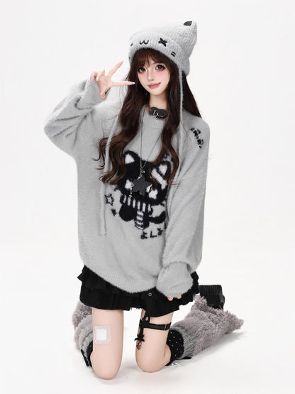 CRAZYGIRL Cute Cat Jacquard Loose Slouchy Knit Pullover Women&