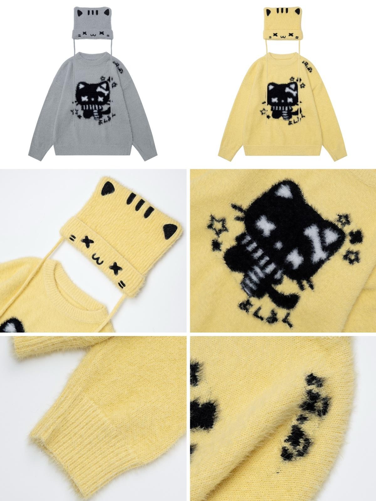 CRAZYGIRL Cute Cat Jacquard Loose Slouchy Knit Pullover Women&