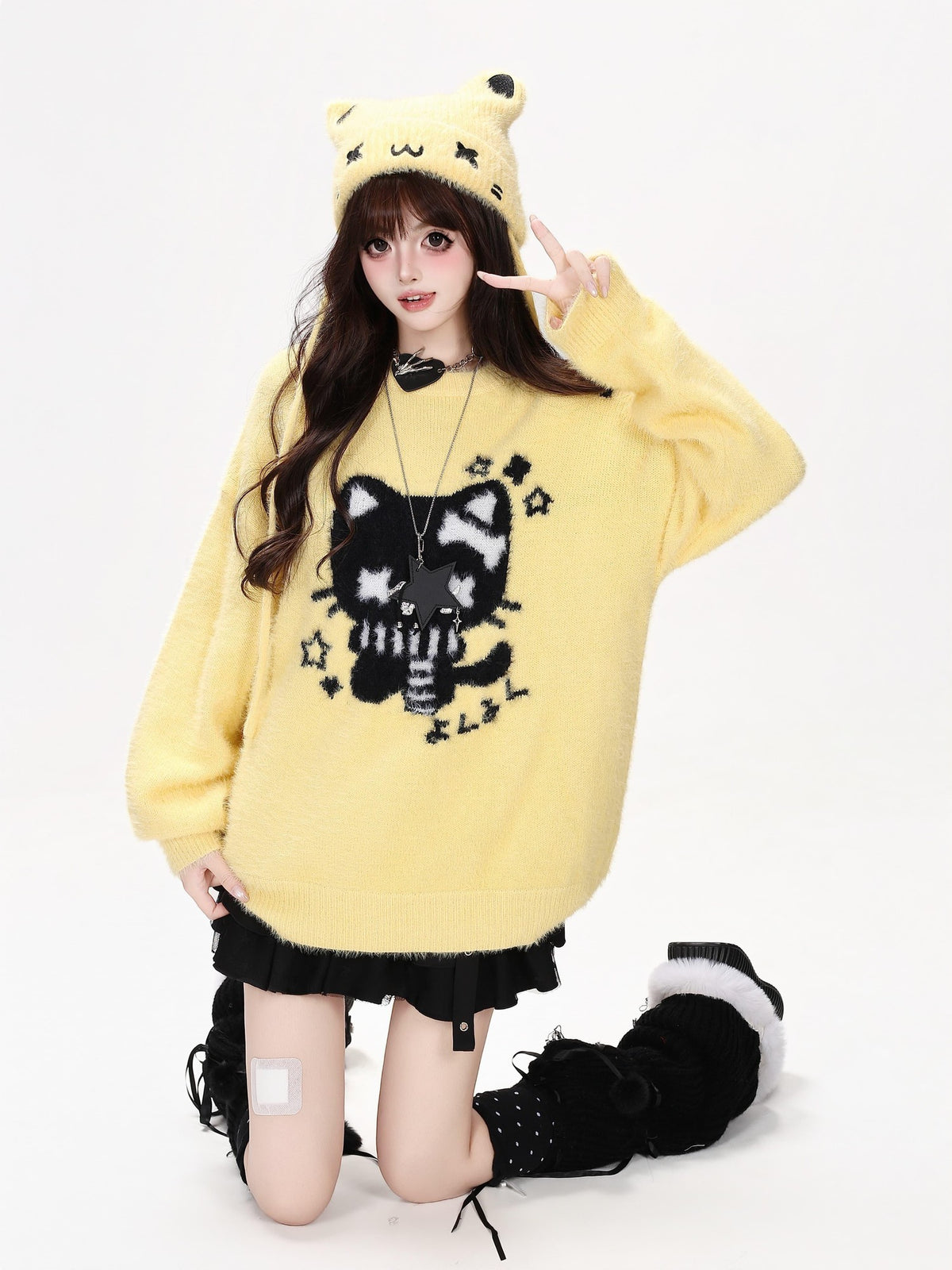 CRAZYGIRL Cute Cat Jacquard Loose Slouchy Knit Pullover Women&