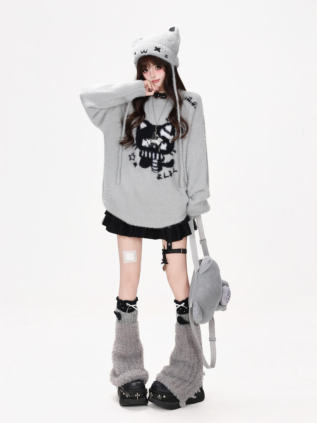 CRAZYGIRL Cute Cat Jacquard Loose Slouchy Knit Pullover Women&