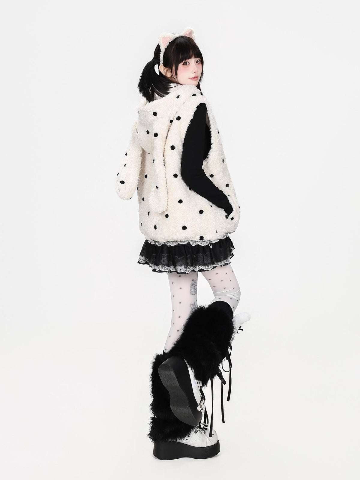 CRAZYGIRL Cute Polka Dot Embroidered Rabbit Ear Hooded Quilted Women&