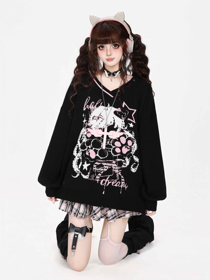 CRAZYGIRL_Cute_V-neck_Loose_Fit_Long_Sleeve_Women&