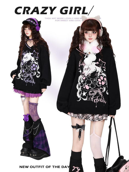 CRAZYGIRL Cute V-neck Loose Fit Long Sleeve Women&