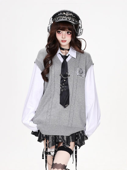 CRAZYGIRL Embroidered Patch Faux Layered Loose Fit Women&
