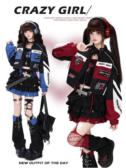 CRAZYGIRL Embroidered Striped Color Block Stand Collar Women&