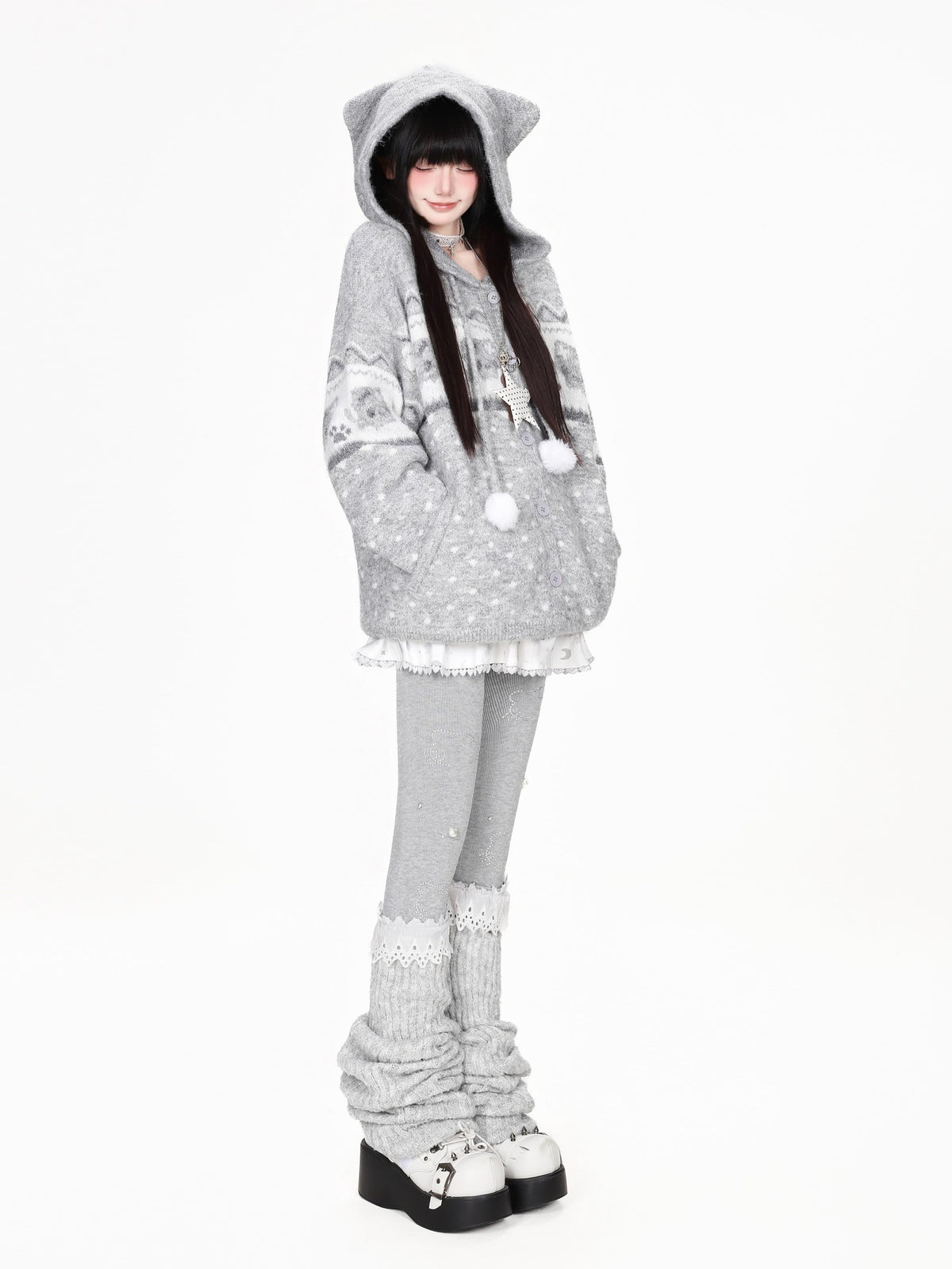 CRAZYGIRL Fair Isle Cat Jacquard Pom Pom Hooded Loose Fit Women&