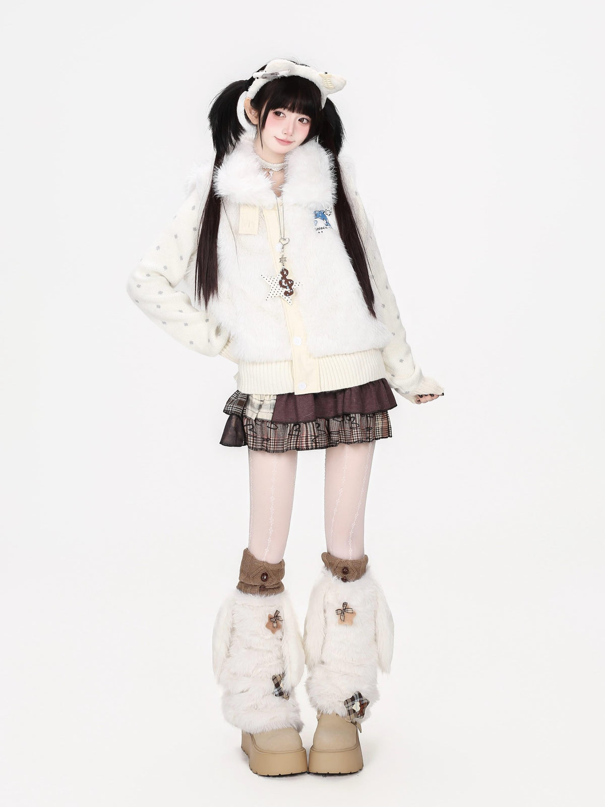 CRAZYGIRL Faux Fur Stand Collar Knit Sleeve Panel Women&