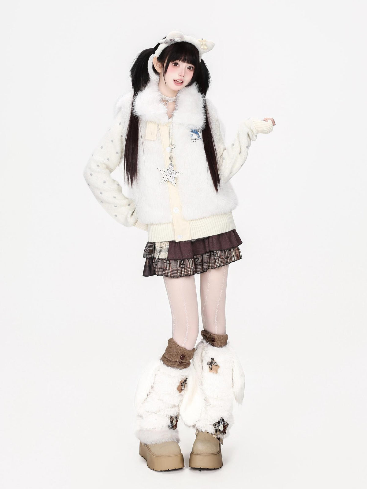 CRAZYGIRL Faux Fur Stand Collar Knit Sleeve Panel Women&