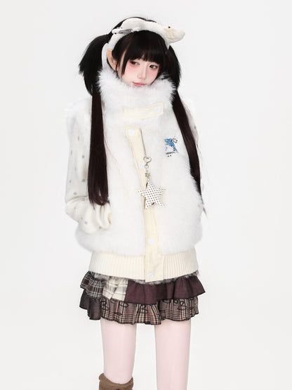 CRAZYGIRL Faux Fur Stand Collar Knit Sleeve Panel Women&
