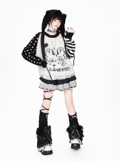 CRAZYGIRL Faux Mink Star Striped Raglan Crew Neck Loose Pullover Women&