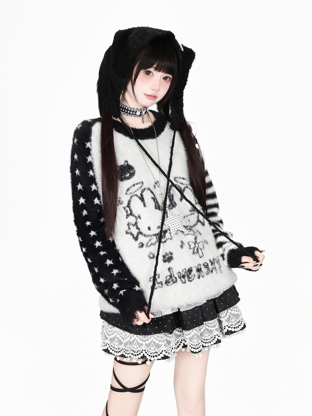 CRAZYGIRL Faux Mink Star Striped Raglan Crew Neck Loose Pullover Women&