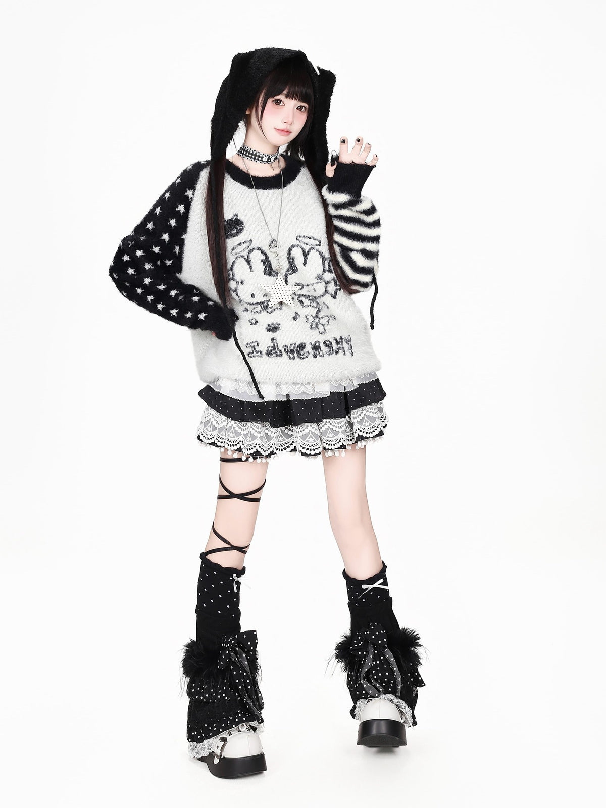 CRAZYGIRL Faux Mink Star Striped Raglan Crew Neck Loose Pullover Women&