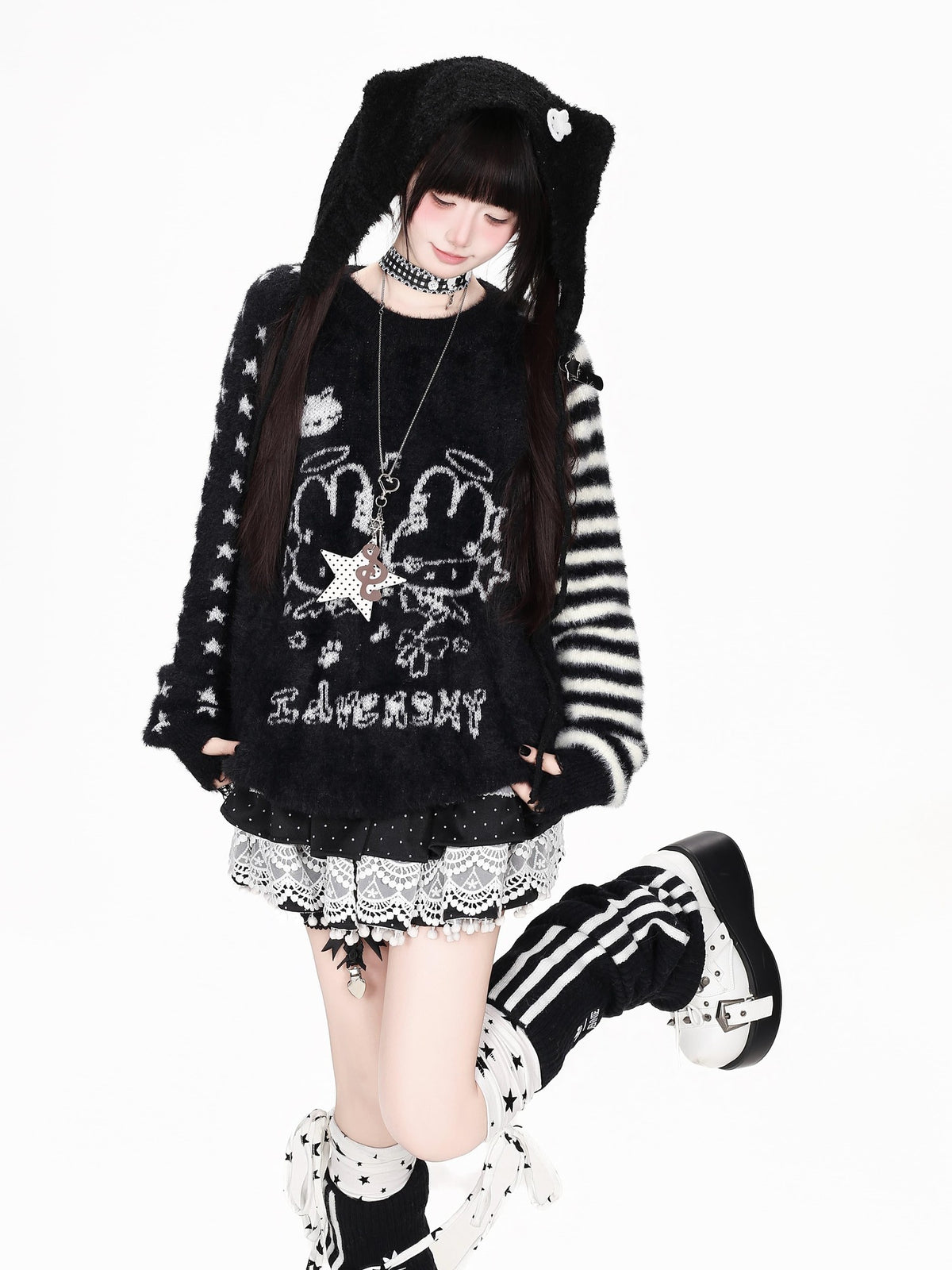 CRAZYGIRL Faux Mink Star Striped Raglan Crew Neck Loose Pullover Women&