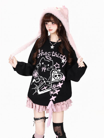 CRAZYGIRL Ghost Cat Lace Up Jacquard Loose Fit Women&