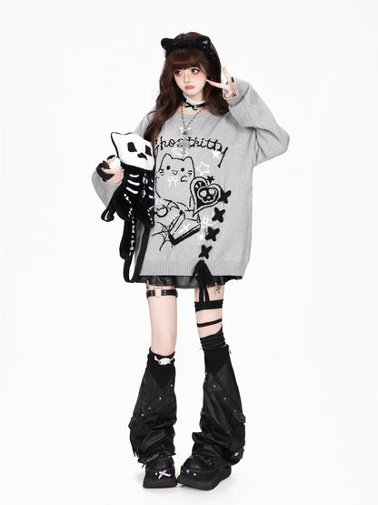CRAZYGIRL Ghost Cat Lace Up Jacquard Loose Fit Women&