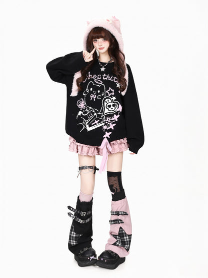 CRAZYGIRL Ghost Cat Lace Up Jacquard Loose Fit Women&