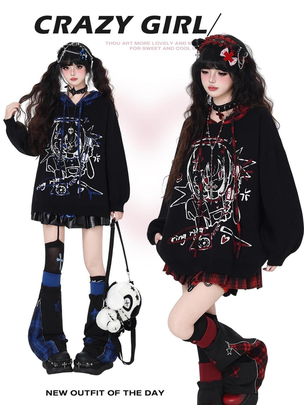 Gothic Cartoon Anime Print Hooded Lantern Sleeve Women&