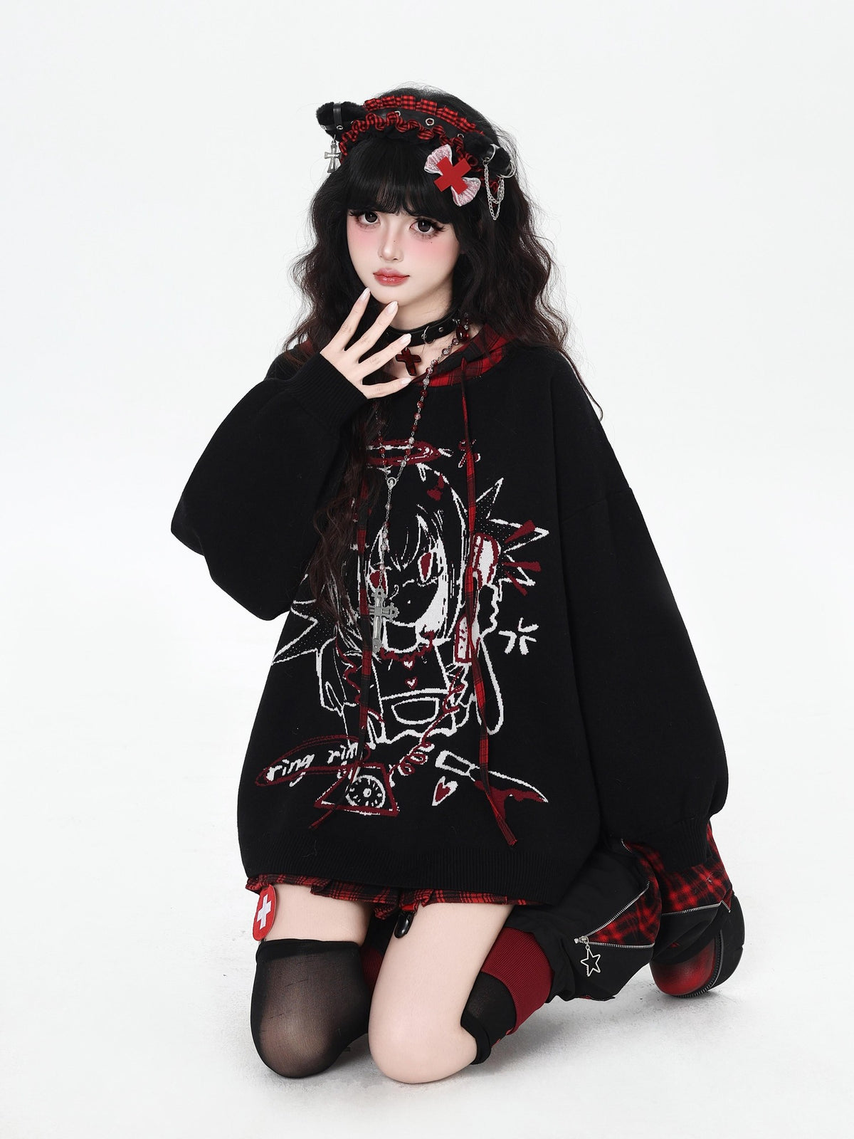 Gothic Cartoon Anime Print Hooded Lantern Sleeve Women&