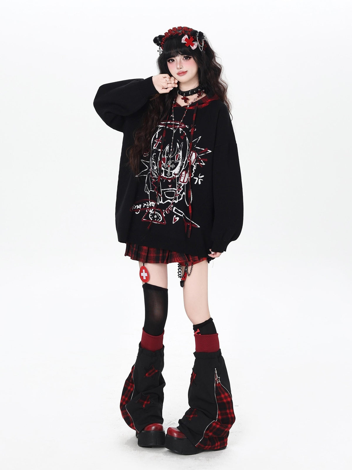 Gothic Cartoon Anime Print Hooded Lantern Sleeve Women&