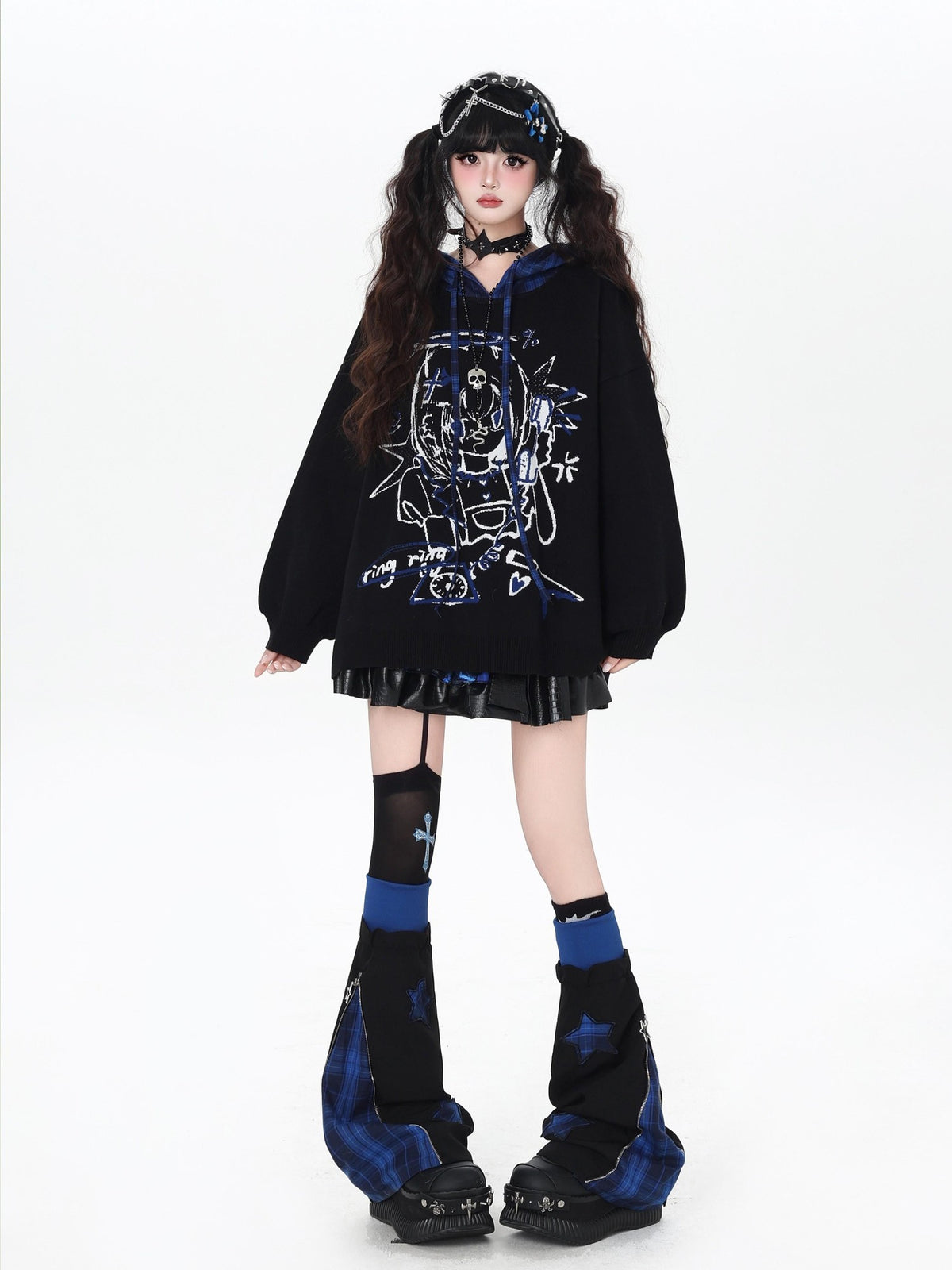 Gothic Cartoon Anime Print Hooded Lantern Sleeve Women&