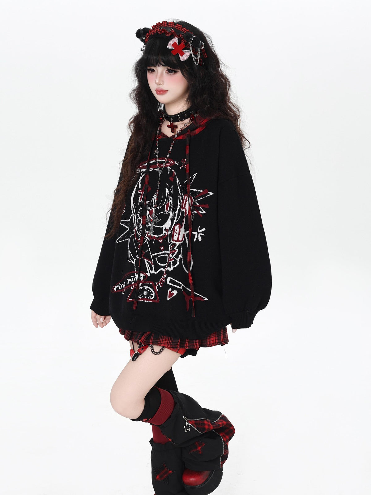Gothic Cartoon Anime Print Hooded Lantern Sleeve Women&