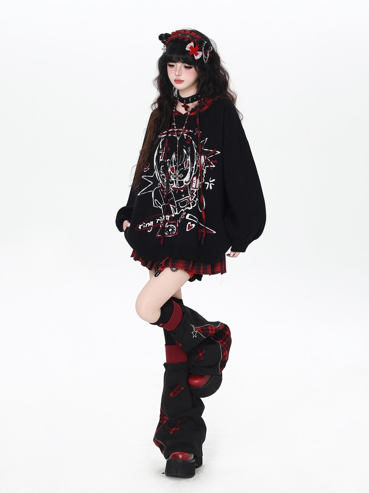 Gothic Cartoon Anime Print Hooded Lantern Sleeve Women&