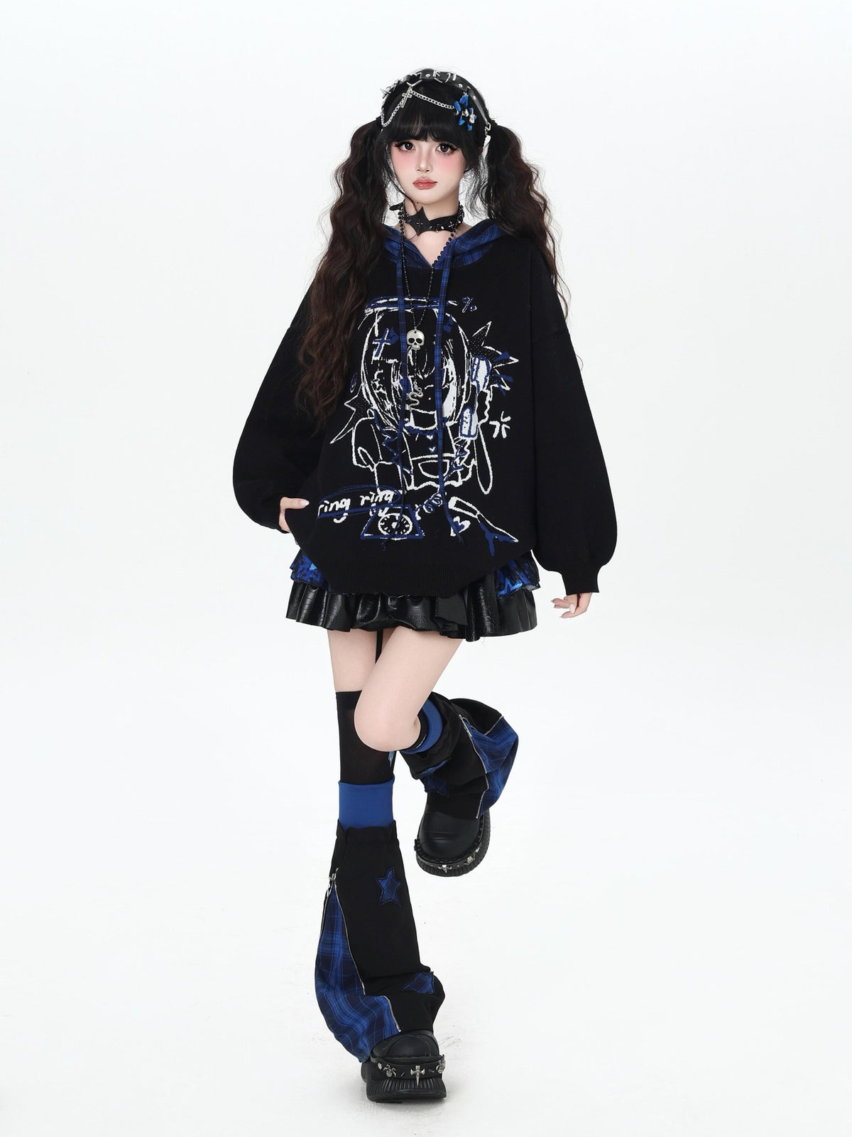 Gothic Cartoon Anime Print Hooded Lantern Sleeve Women&