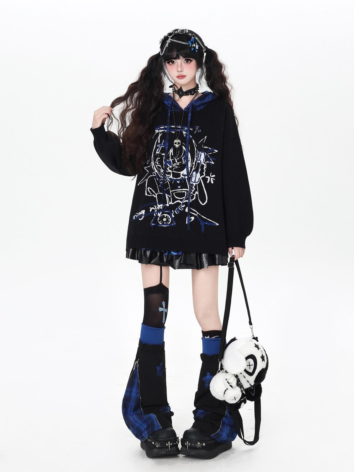 Gothic Cartoon Anime Print Hooded Lantern Sleeve Women&
