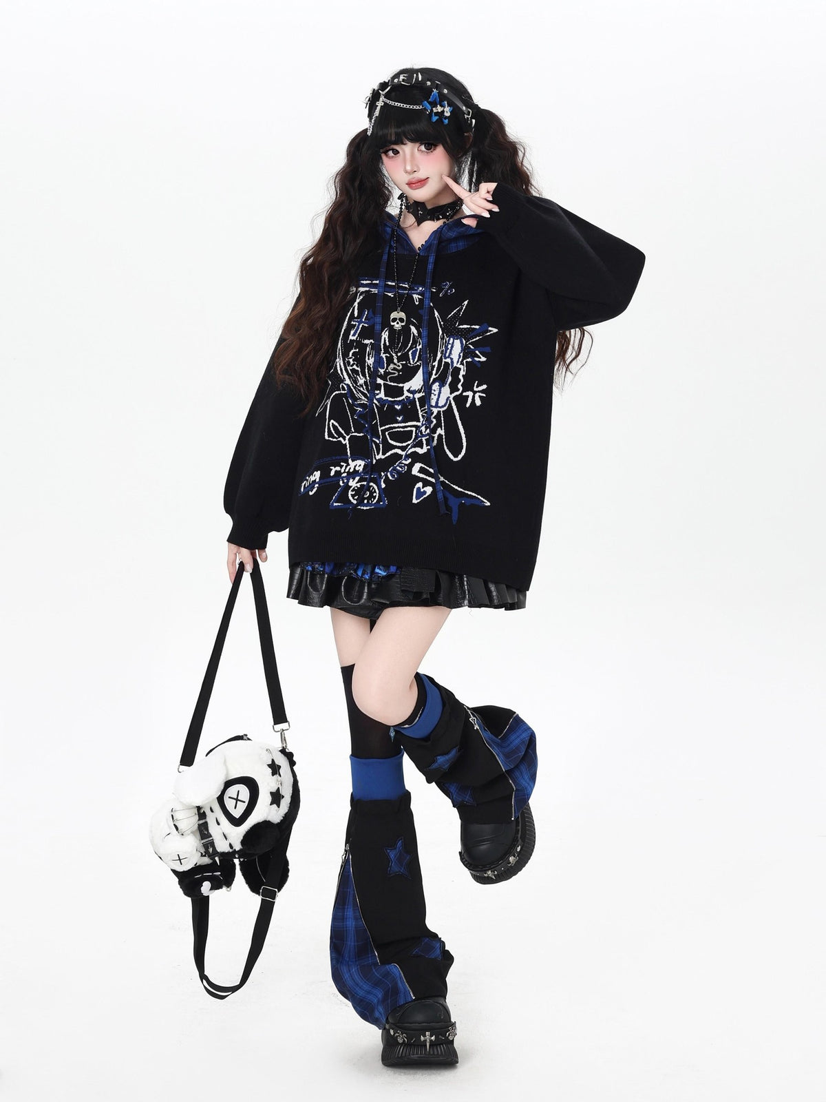 Gothic Cartoon Anime Print Hooded Lantern Sleeve Women&