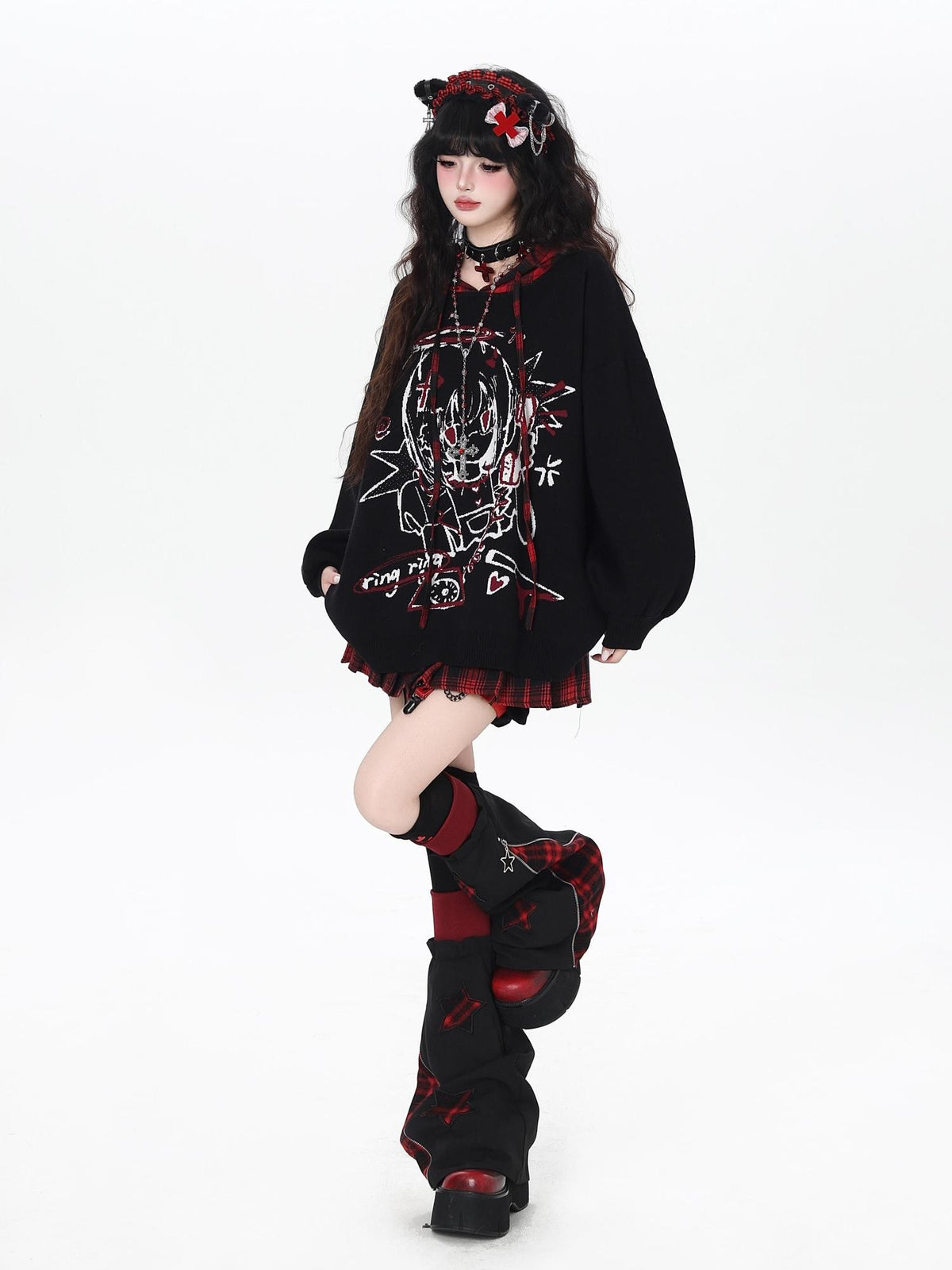 Gothic Cartoon Anime Print Hooded Lantern Sleeve Women&