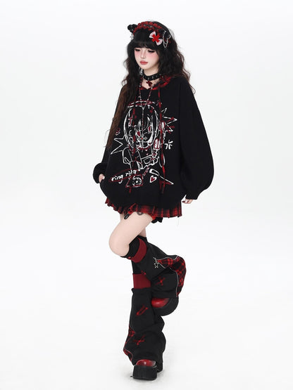 Gothic Cartoon Anime Print Hooded Lantern Sleeve Women&