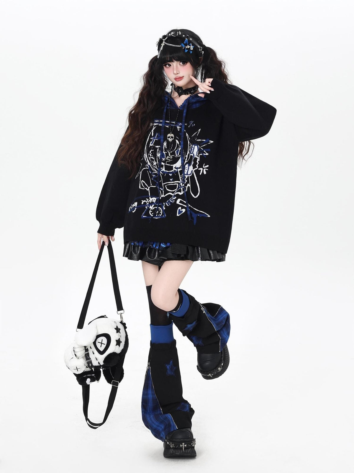 Gothic Cartoon Anime Print Hooded Lantern Sleeve Women&