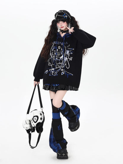 Gothic Cartoon Anime Print Hooded Lantern Sleeve Women&
