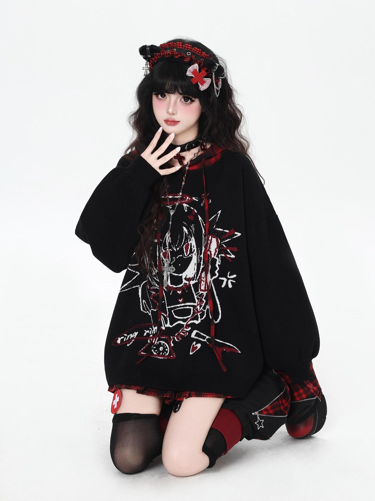 Gothic Cartoon Anime Print Hooded Lantern Sleeve Women&