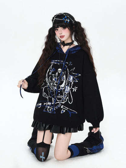 Gothic Cartoon Anime Print Hooded Lantern Sleeve Women&