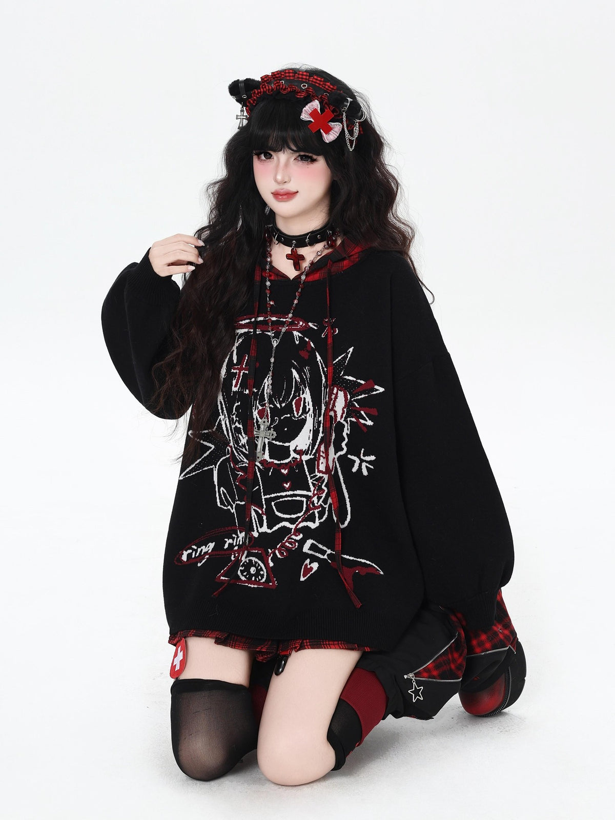 Gothic Cartoon Anime Print Hooded Lantern Sleeve Women&