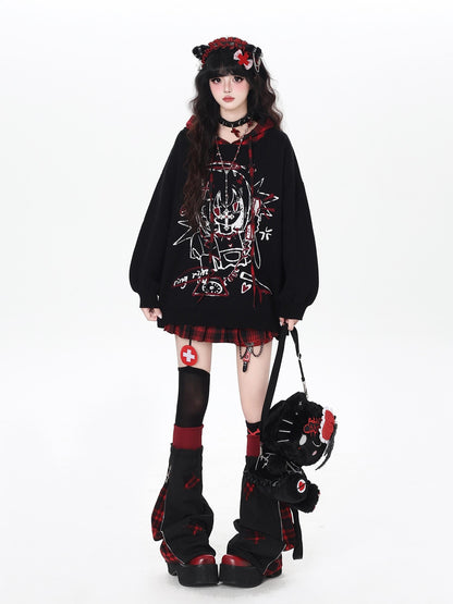 Gothic Cartoon Anime Print Hooded Lantern Sleeve Women&