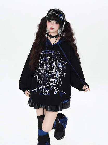 Gothic Cartoon Anime Print Hooded Lantern Sleeve Women&