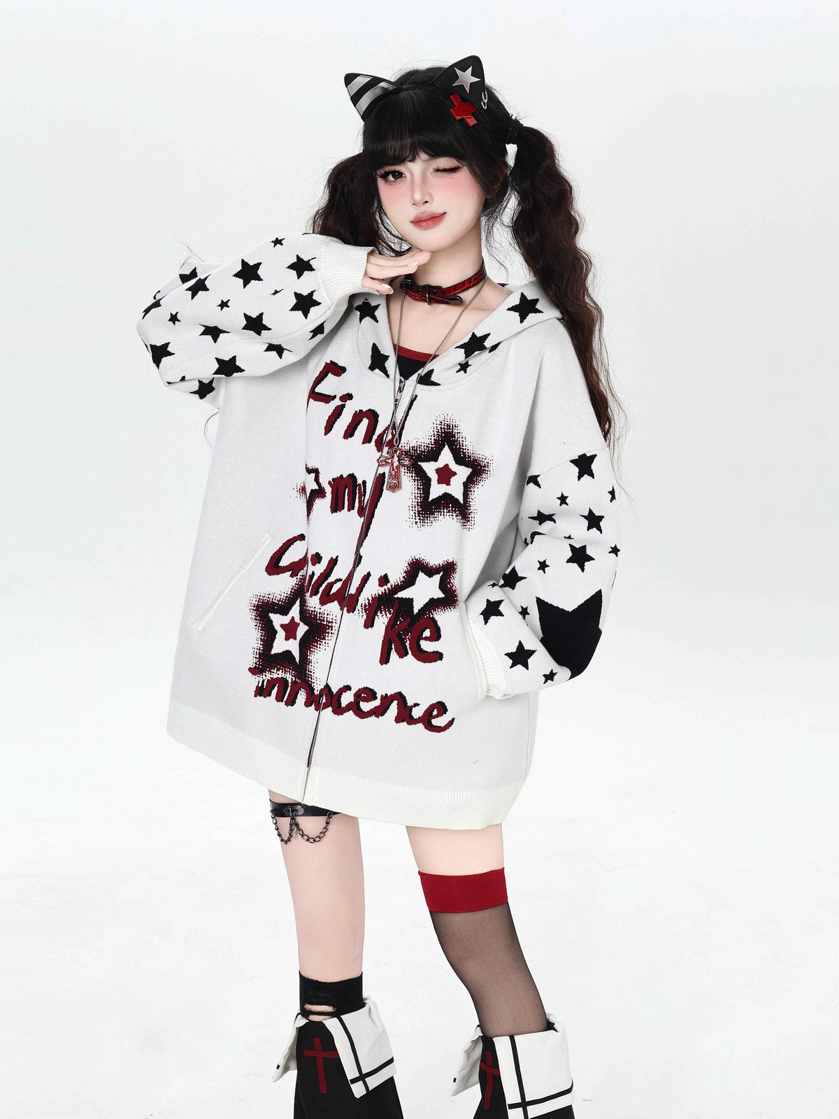 CRAZYGIRL_Gothic_Hooded_Lantern_Sleeve_Loose_Zip_Up_Women&