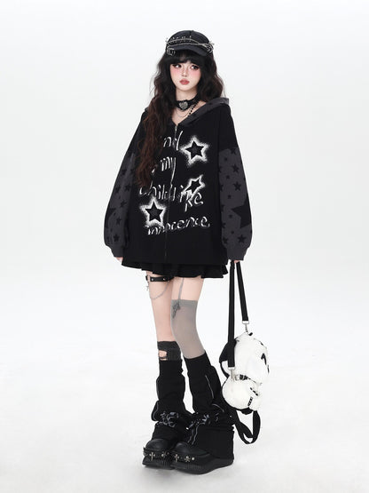 CRAZYGIRL Gothic Hooded Lantern Sleeve Loose Zip Up Women&