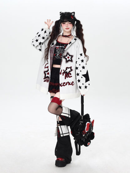 CRAZYGIRL Gothic Hooded Lantern Sleeve Loose Zip Up Women&